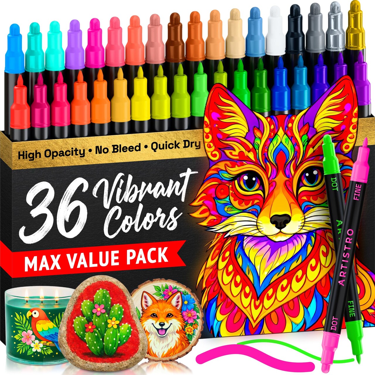 36 Precision Dual-Tip Acrylic Paint Markers – Paint Pens Set with Dot & Fine Tips for Fabric, Rock, Glass, Wood, Coloring Books – Classroom & Art Supplies Gift – Teacher Appreciation Gift
